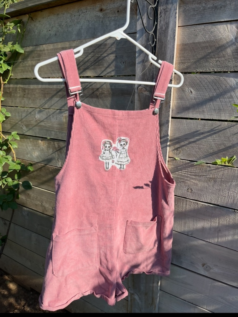Pink Corduroy Short Overalls Upcycled sugar skulls appliqué(M)#pastelgoth #skull